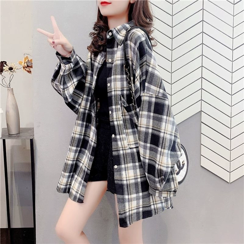 Женская рубашка в клетку, весна-осень 2020, новая корейская модель, свободного кроя, с длинным рукавом, универсальная, в ретро-стиле Гонконга, рубашка-жакет