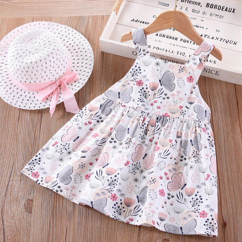 Children's Summer  New Sweet Blouse Dress Princess Skirt with Butterfly Petal Decoration for Dropshipping