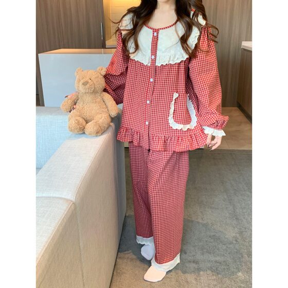 South Korea Ins Women's Korean Style Sweet Princess Style Small Red Pair Color Contrast Embroidery Heavy Industry Lace Long Sleeve Home Clothes suit