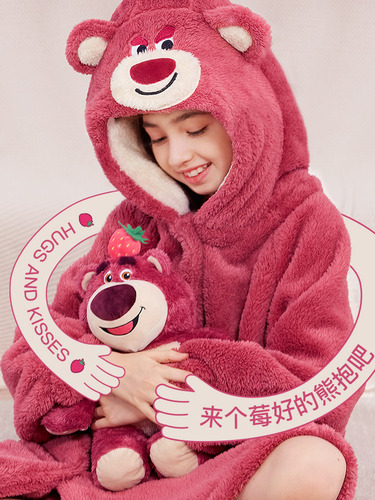 Children's Pajamas Spring and Autumn New Girls Red Strawberry Bear Plus Velvet Thickened Coral Velvet Warm Pajama Set