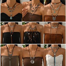 欧美跨境饰品复古仿松石牛头锁骨链串珠项链套装民族风仙人掌项饰