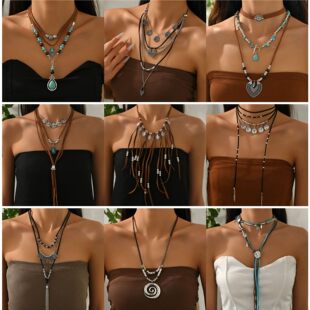European and American cross-border jewelry retro imitation turquoise cow head clavicle chain beaded necklace set ethnic style cactus necklace decoration