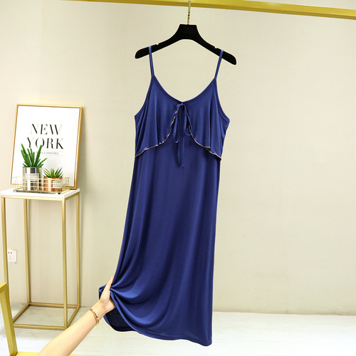 Modal Sweet Ruffled Lace-up Camisole Dress Summer Thin Sleeveless Dress Loose-Fitting Slimming Lounge Dress