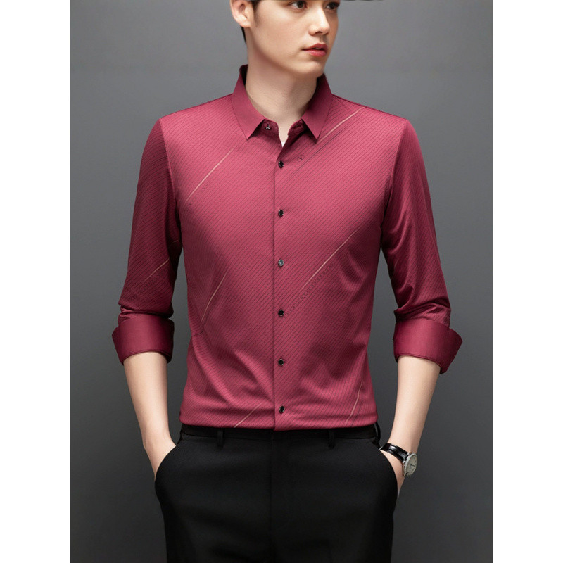 (2개) 멀버리 실크 남성용 긴팔 셔츠 봄 가을 얇은 중년 비즈니스 솔리드 컬러 솔기 없는 가벼운 럭셔리 무다림 셔츠