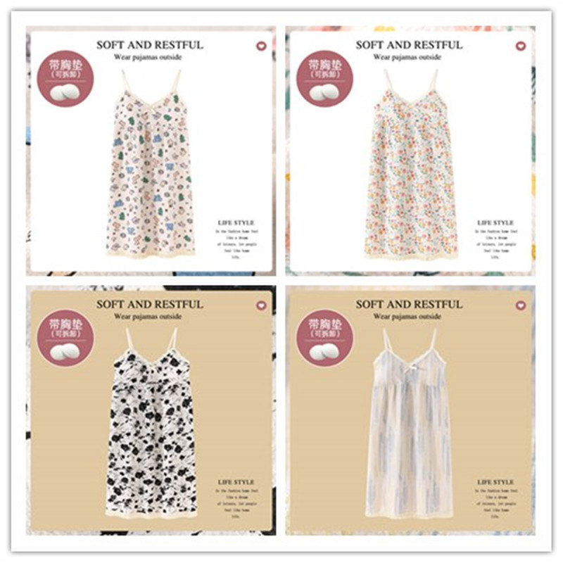 Camisón de verano con el cojín del pecho Correa chica burbuja algodón borla pijamas puro deseo viento sin mangas Delgado lindo homewear