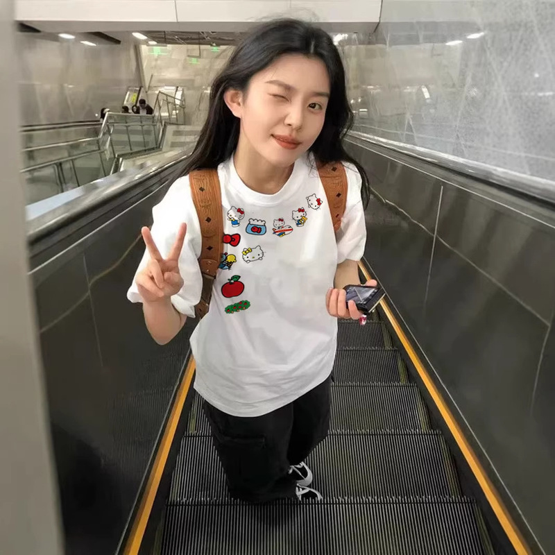 Japanese-Style Cartoon Cute Kitty Cat Print Short-Sleeve T-Shirt for Women, Summer Loose Fit Plus Size Pure Cotton Half-Sleeve Top Japanese-Style Cartoon Cute Kitty Cat Print Short-Sleeve T-Shirt for Women, Summer Loose Fit Plus Size Pure Cotton Half-Sleeve Top