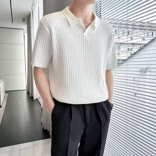 Knit Short-Sleeve POLO Shirt Men's Autumn Trendy Simple Muscle Fitness Striped Collar Top T-Shirt