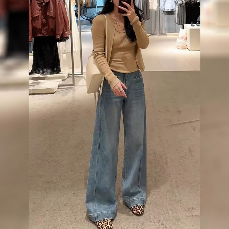 复古蓝色阔腿牛仔裤女秋季新款高腰显瘦宽松垂感拖地直筒拖地裤子|undefined