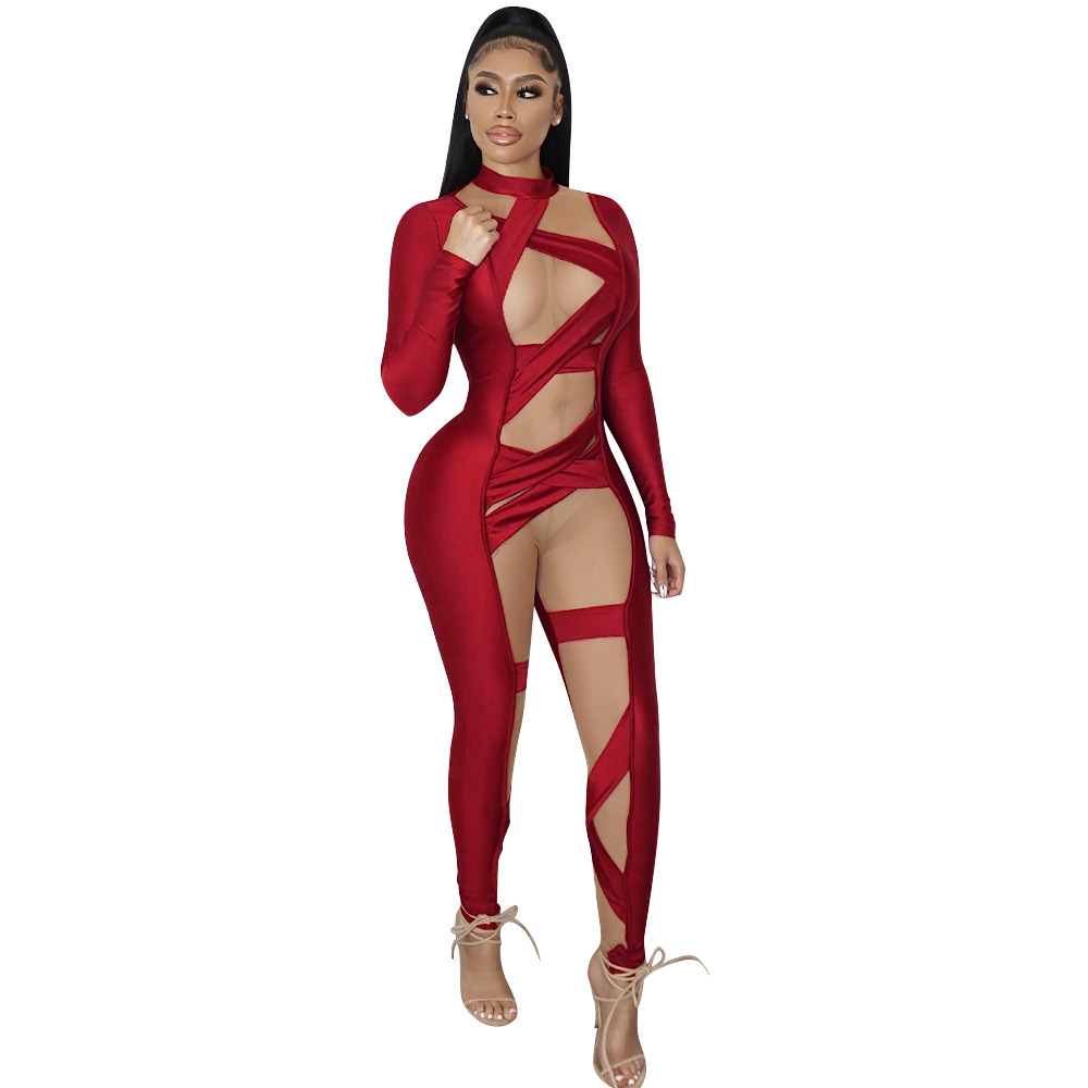 Slim Bandage Mesh Hollow Stitching Long-Sleeved Jumpsuit NSNJD113923