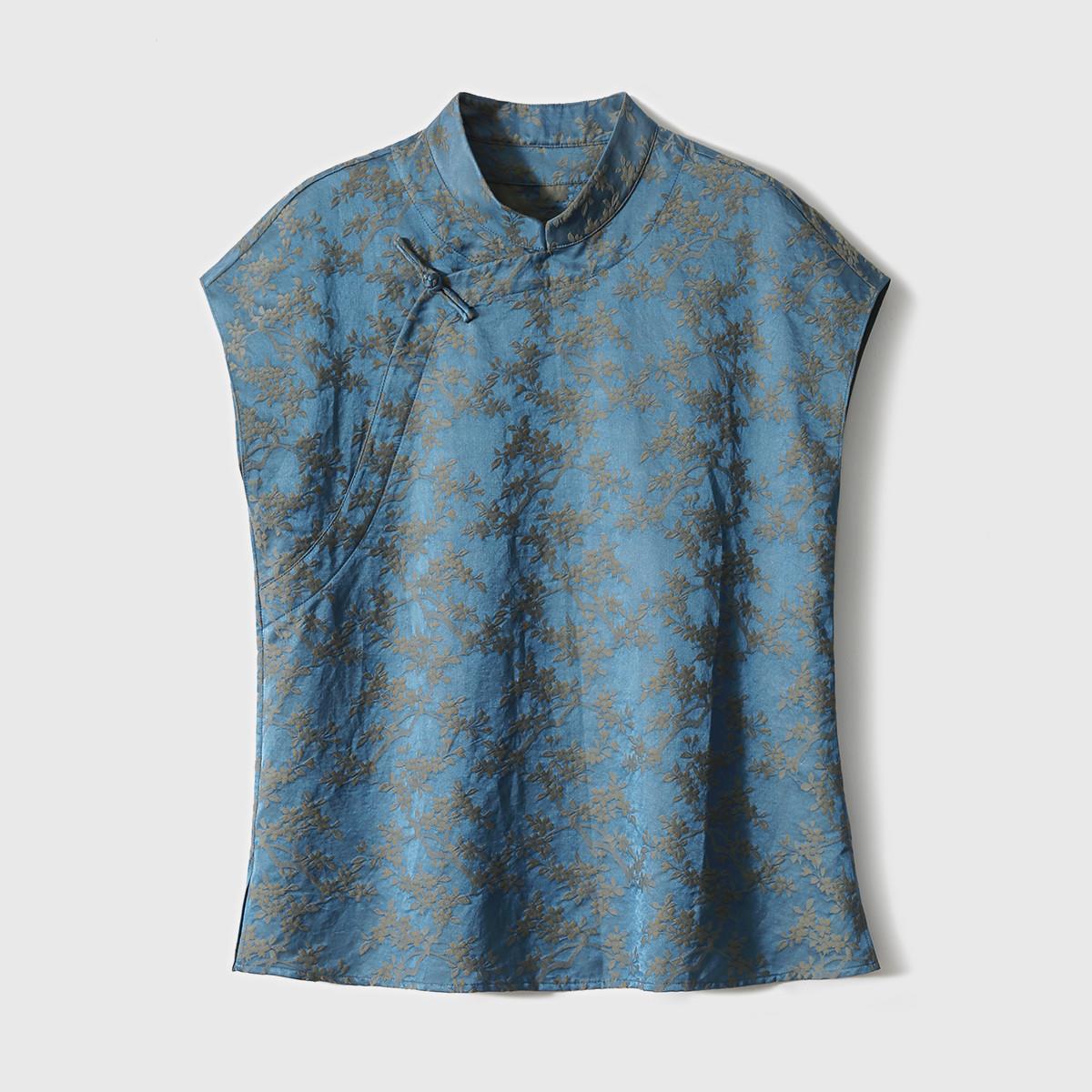 Áo kiểu nữ hè phong cách Trung Hoa, chất liệu jacquard hoa văn nổi, tay ngắn — màu xanh chi tiết 2
