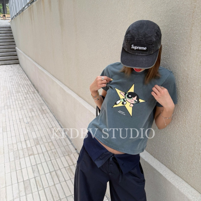 Nanyou Quality 26 Early Spring New Style Powerpuff Girls Pattern Printed Vintage Washed Round Neck Short Sleeve Slim Fit T-Shirt for Women Nanyou Quality 26 Early Spring New Style Powerpuff Girls Pattern Printed Vintage Washed Round Neck Short Sleeve Slim Fit T-Shirt for Women