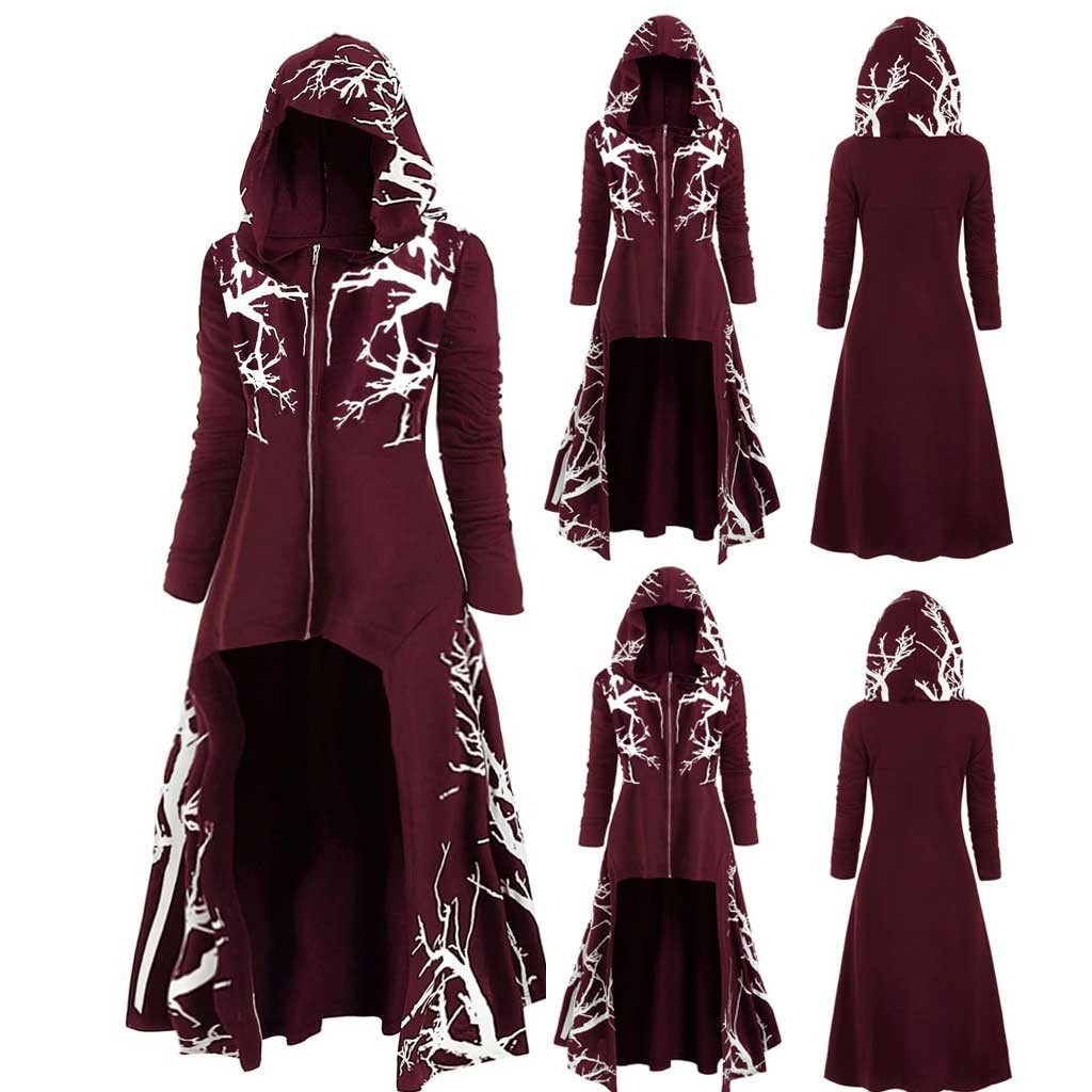 2024 European and American Export Halloween Dress up Cape Hooded Cape Hem Asymmetrical Printed Long-Sleeved Windbreaker