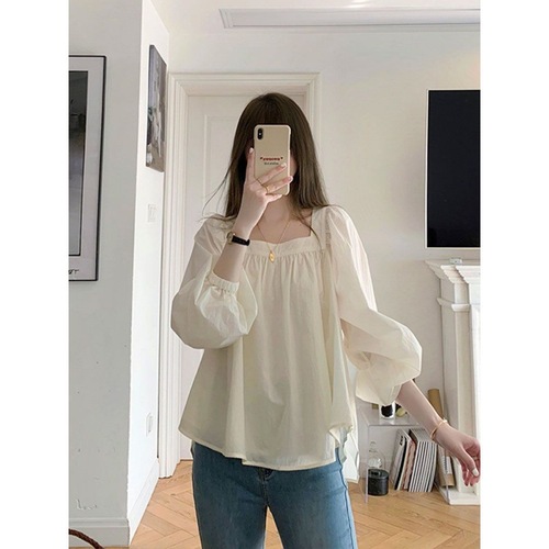 Women's Spring and Summer Korean Style Loose and Fashionable Short-Sleeve Square Collar Shirt with a Cute Japanese Vibe