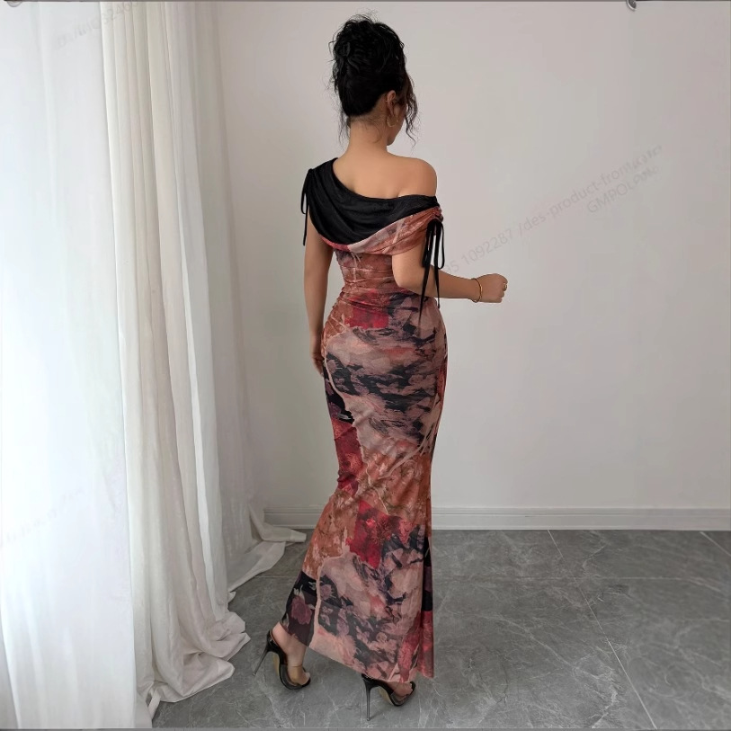 Off-shoulder Printed Mesh Dress For Women, Summer Cheongsam, Sexy Slim-fit Bodycon Long Dress, Light Luxury_ecoleips.com