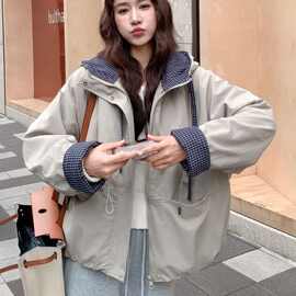 韩系休闲格子拼接工装派克服女冬季高级感小个子加绒加厚棉服外套