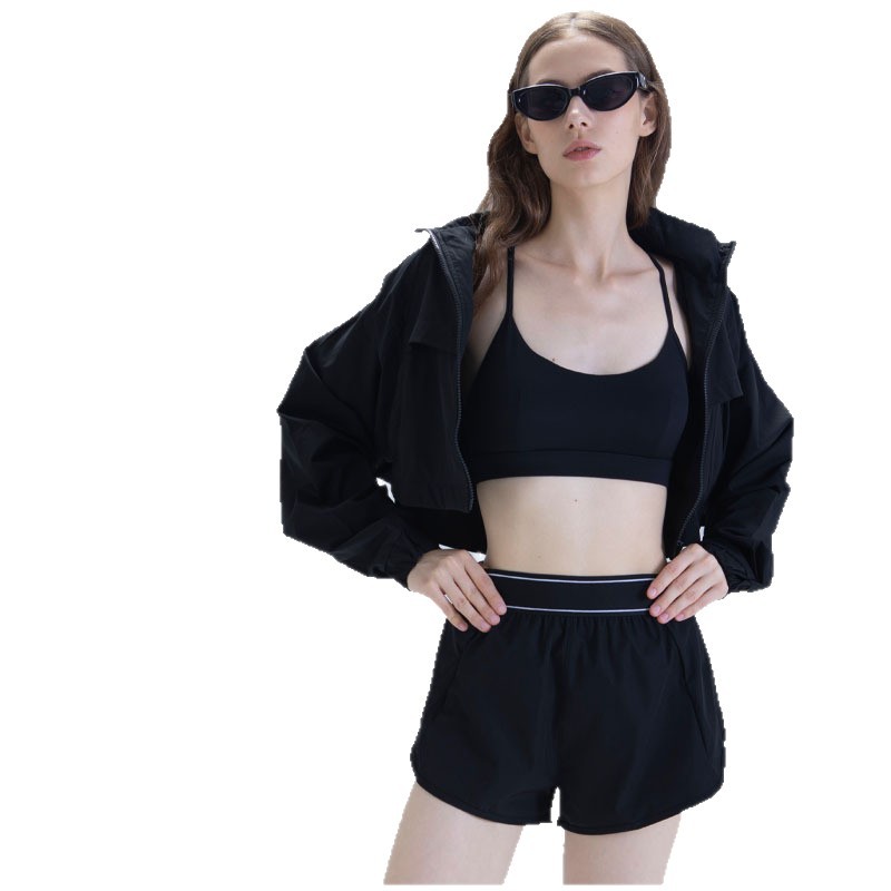 Transfronterizo corto con cojín de pecho para el deporte al aire libre juego de ocio fitness correr yoga suelto chaqueta con capuz seco rápido