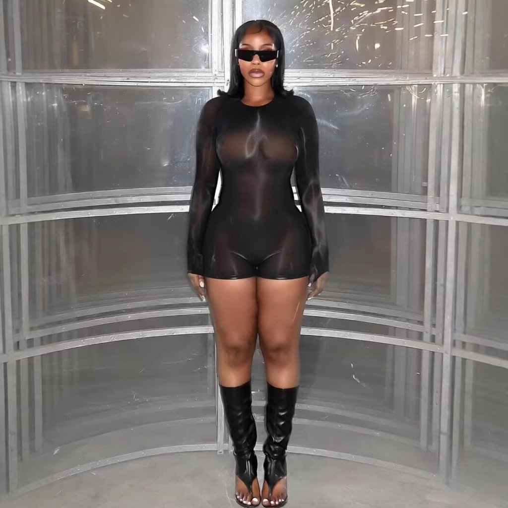 Transparente, glänzende Leggings im Bodystocking-Stil – Dehnbarer Clubwear-Catsuit mit langen Ärmeln_voghion.com