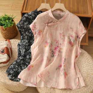 Actual Shot of 2025 New Summer Style Retro New Chinoiserie National Style One-Button Ramie Printed Sleeveless Top