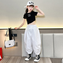 女童夏款2023夏季新款兒童韓版休閒潮流時髦女大童短袖燈籠褲套裝