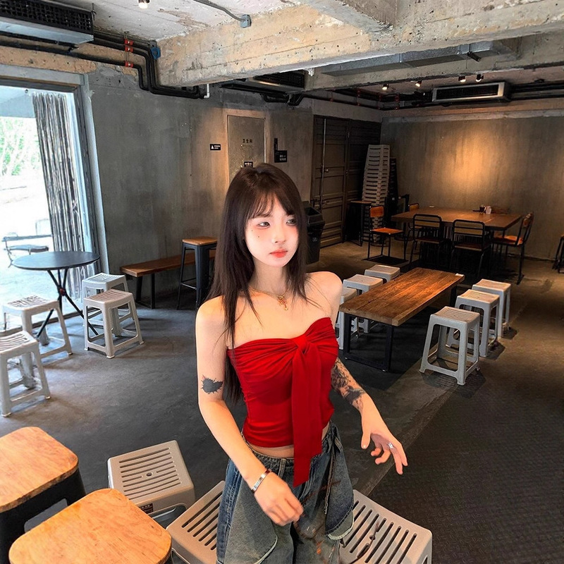 Bow-Tie Tube Top for Women in Summer, Pure Lusty Sexy Breast-Wrapped Red Sweet Girl Top for Outer Wear