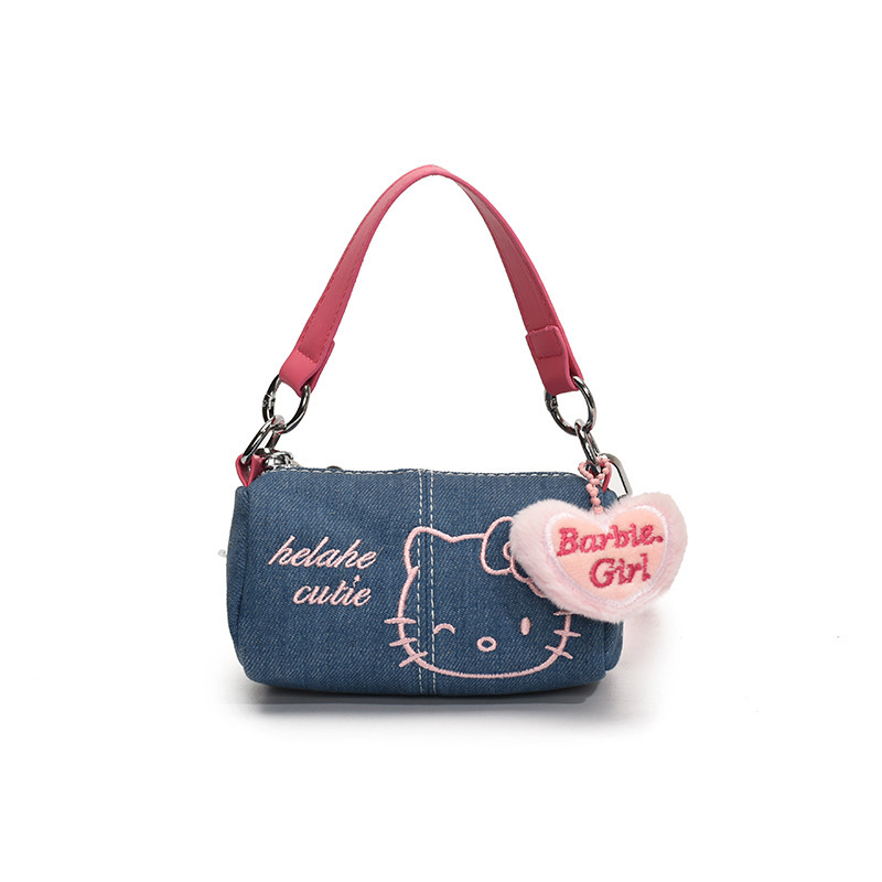かわいい新しいデニムキティ通勤刺繍バッグポータブルストレージ外出コントラストカラーポータブル小さなバッグ|undefined