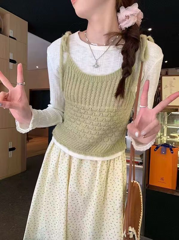 法式小香风镂空坎肩吊带毛衣针织背心女木耳蕾丝长袖上衣单件套装|undefined