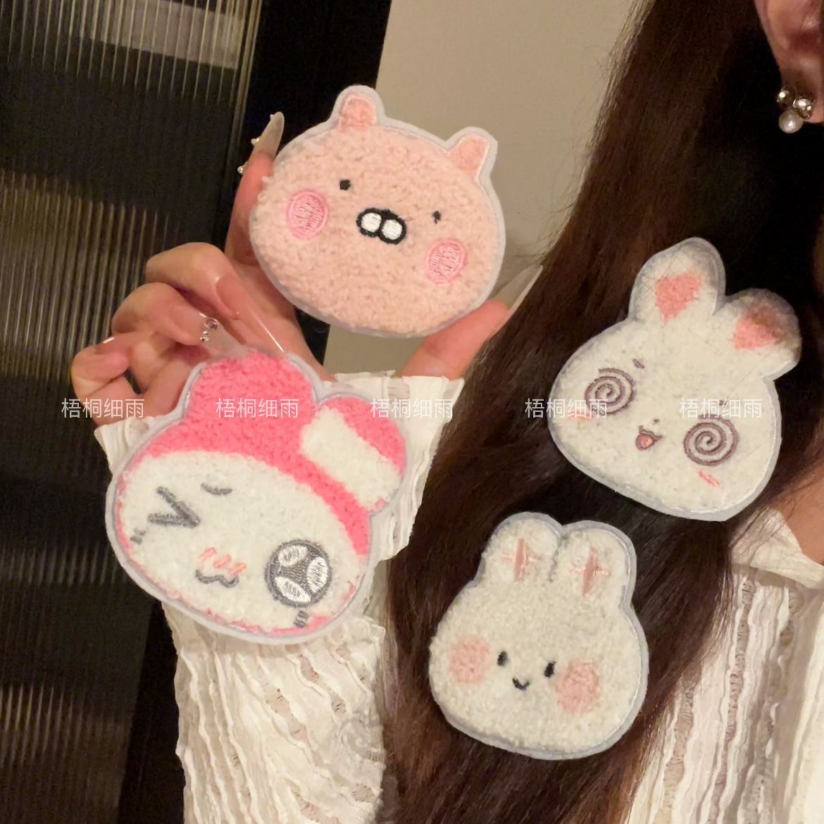 Japanese-style cartoon plush embroidered bunny magic tape, sweet and cute My Melody piglet hair clip, seamless bangs sticker