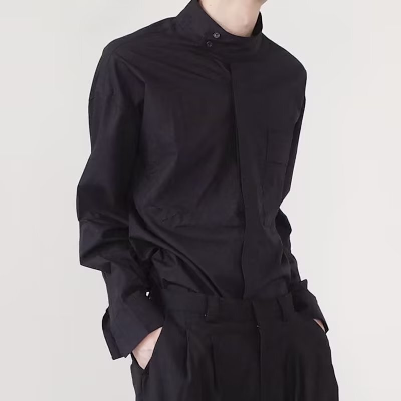 法式立领衬衫男禁欲系宽松长袖罩衫半高领开扣衬衣休闲工装寸衫潮|undefined
