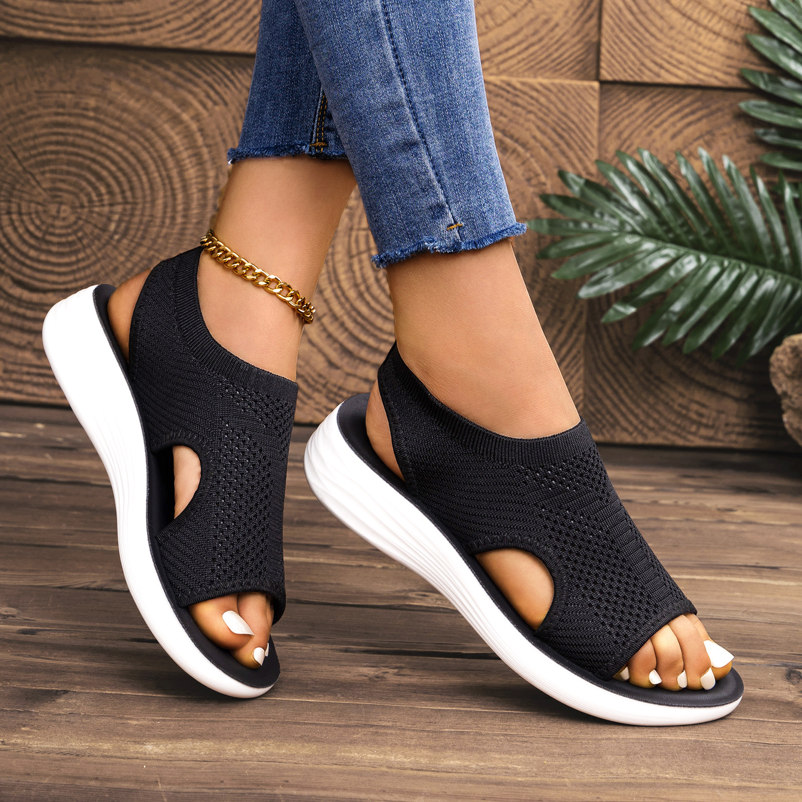 Zapatos de playa casuales de moda de verano, sandalias de tejido volador, zapatos romanos huecos, zapatos de mujer transfronterizos