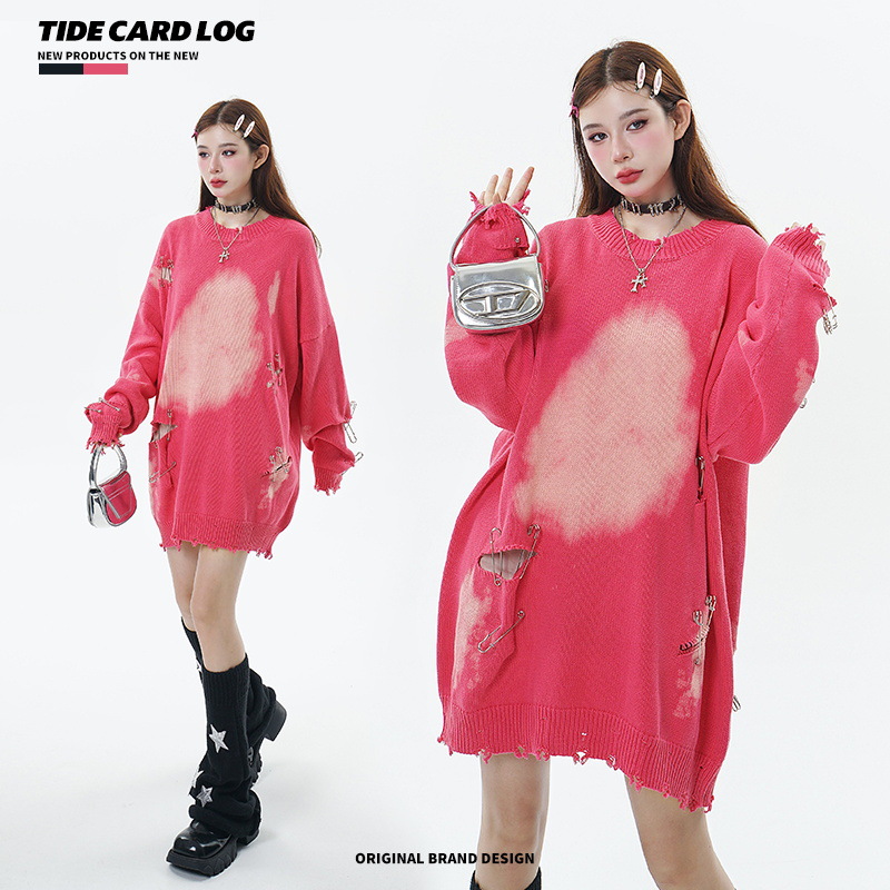 TIDE CARD LOG | Otoño e invierno de la calle de diseño de moda se desvaneció pin ripped pareja cuello redondo suéter Suelto