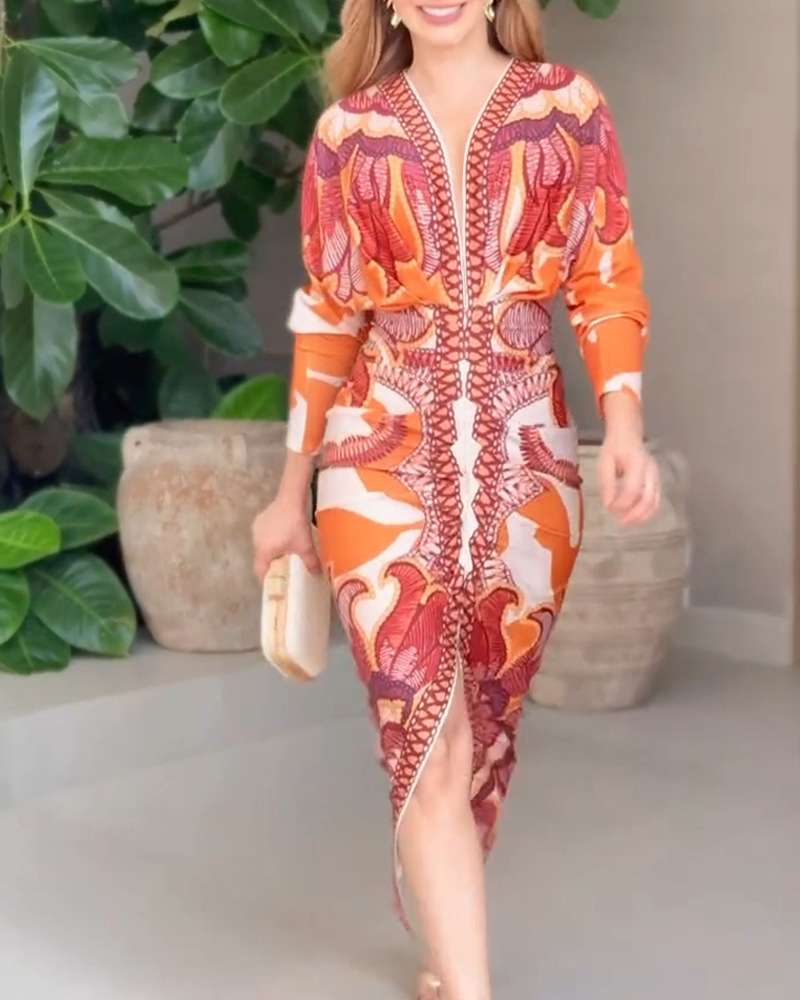 Baroque Print Long Sleeve Midi Dress – Deep V-Neck Slim Fit Retro Elegance (S-XL, Orange)_ecoleips.com
