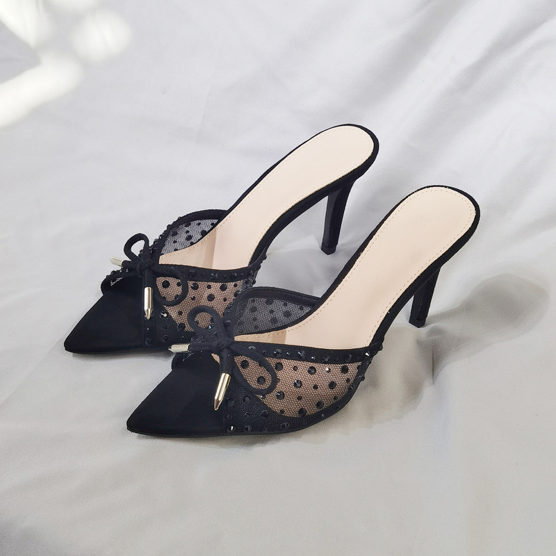 2025 Summer New Pointed Toe Open Toe Breathable High Heels Women's Fashion Thin Heel Mesh Hot Diamond Sandals Women's Bow