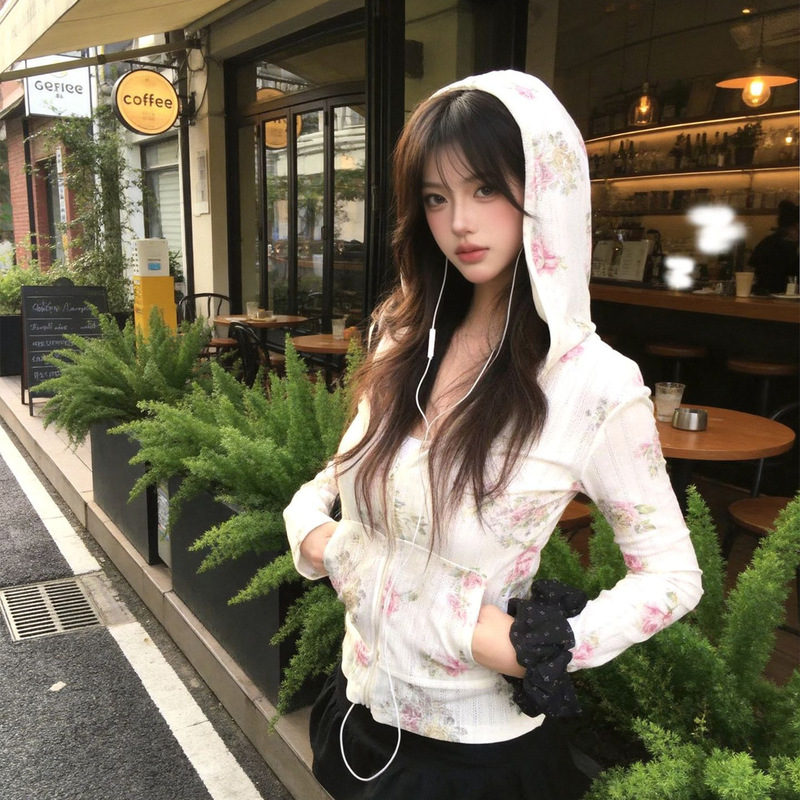 Floral Print Niche Slim-Fit Thin Zipper Long-Sleeve Women's Summer New Hooded Cardigan Top Slightly Sheer Sun-Protective T-Shirt