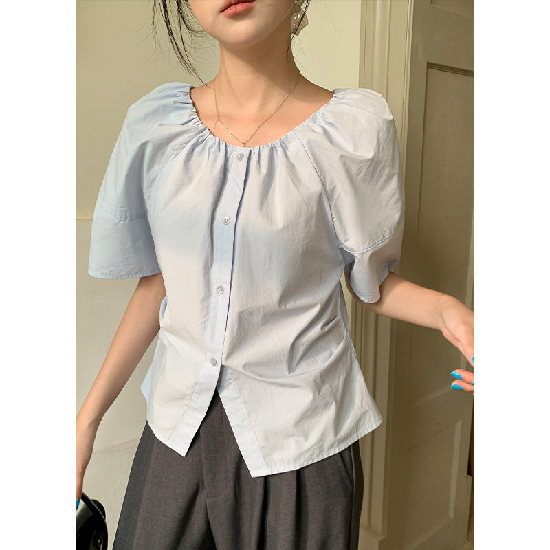 [No Returns or Exchanges] Summer Fruit Bubble Light and Airy French-Style Gentle Shirt with Round Neck, Short Sleeves, and Puff Sleeves 077