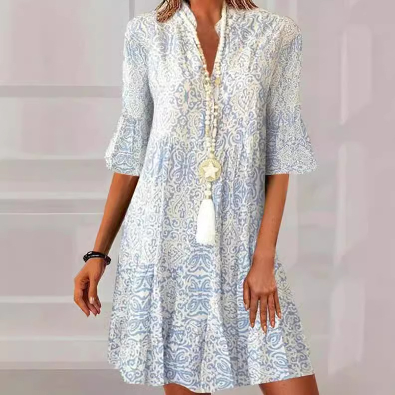 2023 New Summer Style Amazon European and American Clothing Cross-Border Export V Neck Loose Three-Quarter Sleeve Printed Dress for Women