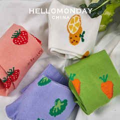 50207 HELLO MONDAY Kids' Socks, Instagram-Famous, Korean Style, Cute Strawberry & Carrot Design, Unisex, Mid-Calf Length