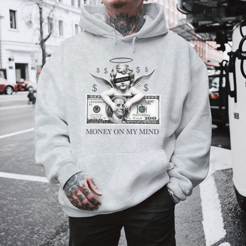 Cross-border Money Angel banknote print hooded sweatshirt, American retro style, trendy design, loose-fitting men's pullover hoodie Cross-border Money Angel banknote print hooded sweatshirt, American retro style, trendy design, loose-fitting men's pullover hoodie
