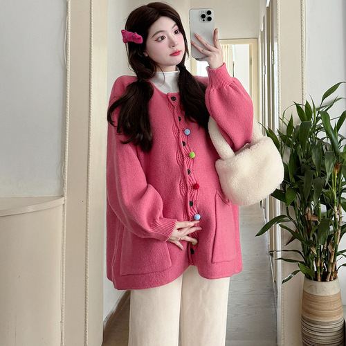 Internet-famous fashion autumn/winter loose and thick candy-colored sweater coat + bottoming shirt + pants trendy mom/pregnant women’s three-piece set