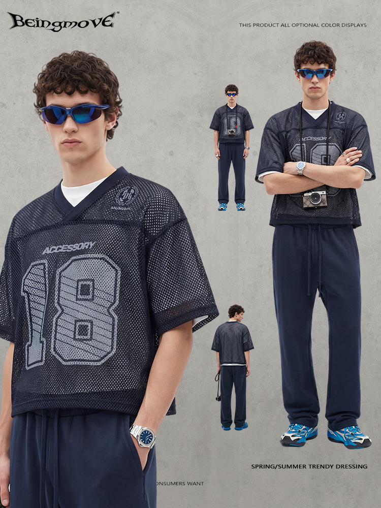 Calle secada| Verano estilo americano de moda callejera Boxyfit corto ancho malla digital impresión de cuello V camiseta de manga corta para hombres