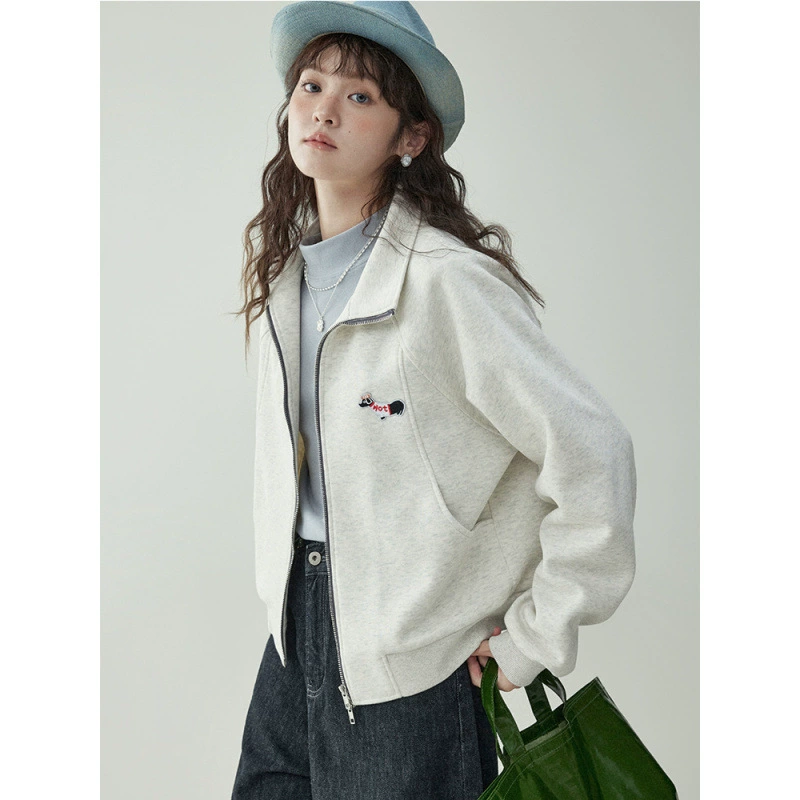 Щенки с вышивкой толстовка женская двойная куртка на молнии весной 2025 новый воротник кардиган повседневная рубашка с длинными рукавами