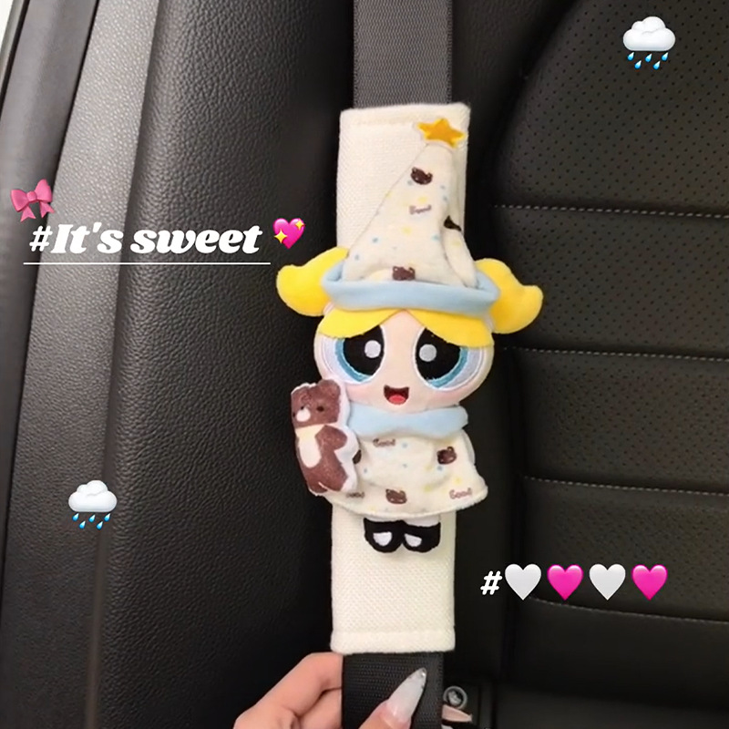 Genuine Powerpuff Girls Seat Belt Shoulder Cover Car Ornaments Pendant Plush Interior Cute Doll Female Gift