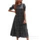 2022 Cross-border Europe and America Amazon Summer New Printed Solid Color Crewneck Short-sleeved dress Casual Pleated Large Pendulum
