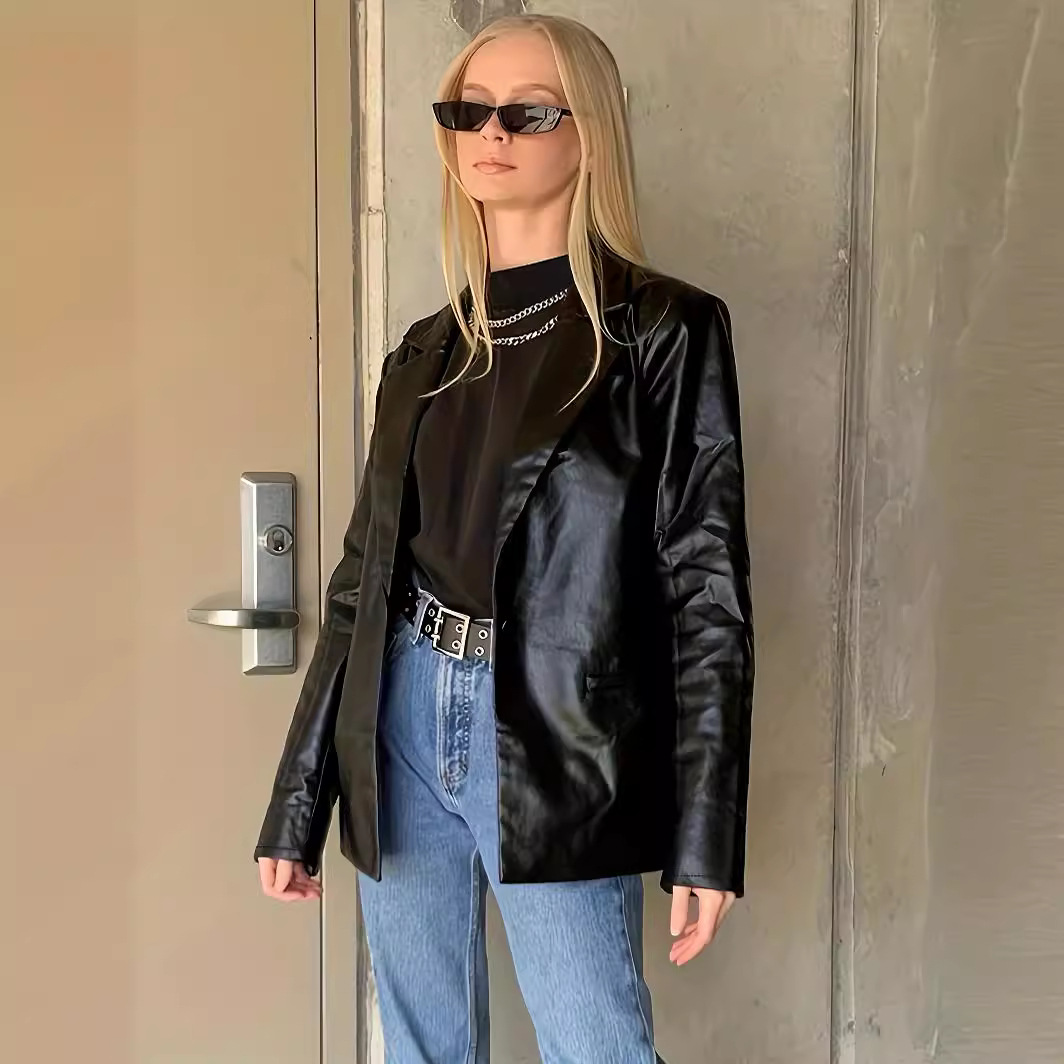 Primavera y otoño nueva moda moda damas manga larga suelta elegante chaqueta de traje PU mujer