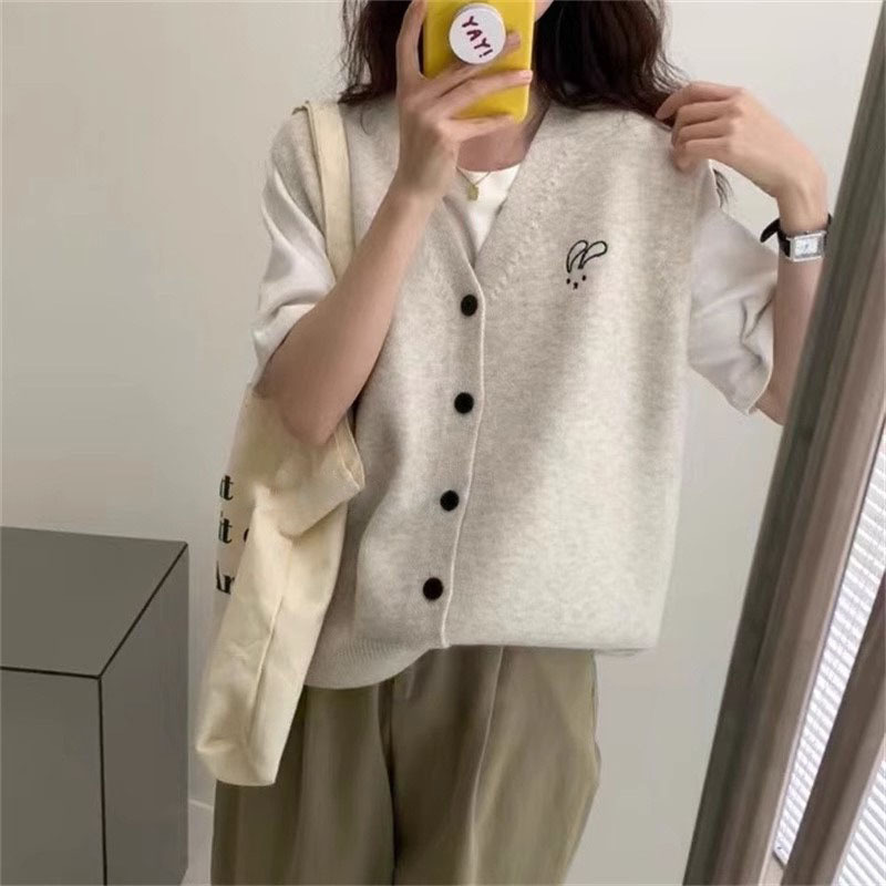 2025 新韓国スタイルデザインニット無地ベスト女性のセーター初秋ルーズ女性のニッチ多用途トップ|undefined