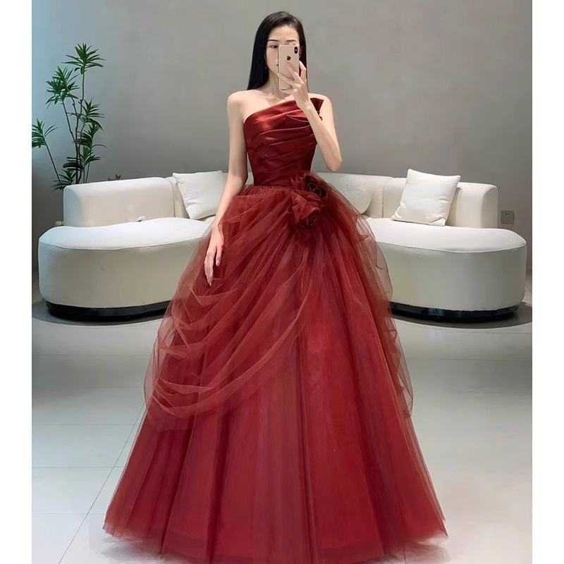 Toast Dress Bride Wedding Tube Top Red New High-end Sense Niche Heavy Industry Flower Atmospheric Engagement Dress for Women