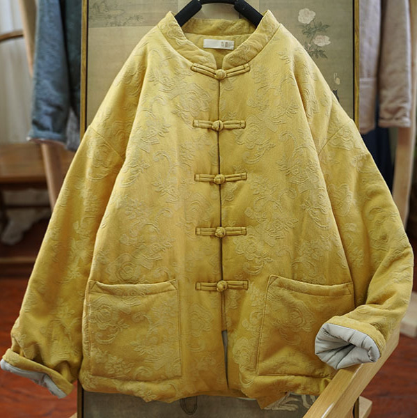 Winter New Product Xinjiang Cotton Retro Jacquard Disc Button Stand Collar Loose Long-Sleeved Cardigan Jacket Cotton Coat 201