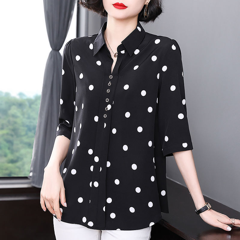 Polka-Dot Chiffon Shirt for Women 2025 Spring/Summer Elegant Middle-Aged Mom Blouse Mid-Sleeve Stylish Sun-Protective Top Trendy