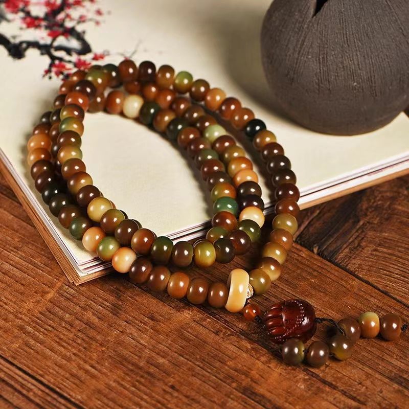Weathered Duobao Dunhuang Wentian White Jade Bodhi Root Bracelet 108 Literary Play Male Bodhi Son Buddha Bead Plate Play Bracelet