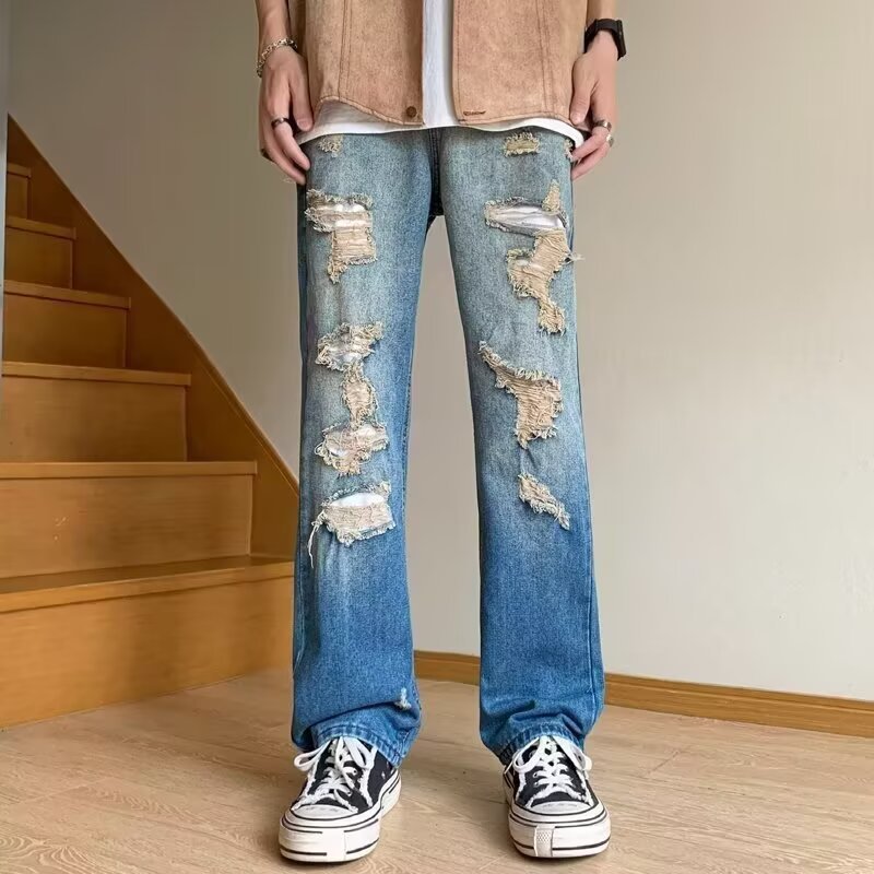 Men's Distressed Jeans Black to Gray Washed Straight-Leg Denim Pants High Street Grunge Style_mkmklike.com