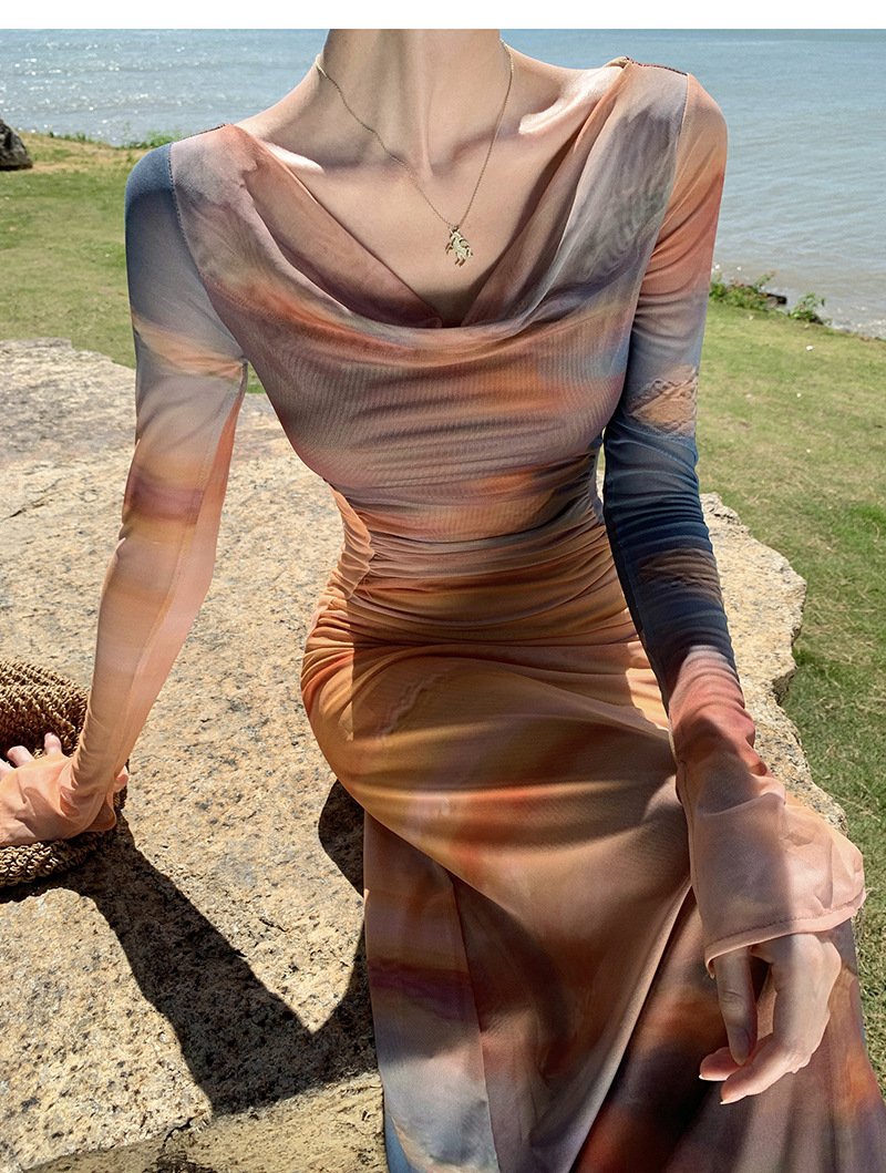 French Spice Girl Sunset Tie-Dye Printed Swinging Neck Mesh Dress Feminine Temperament Slim Waist Skinny Holiday Dress_ecoleips.com